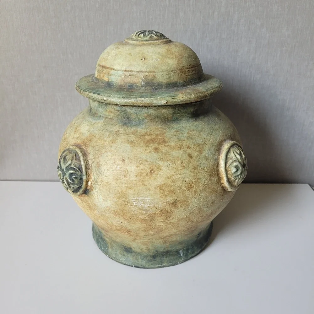Vintage Rustic Ceramic Cookie Jar Large Green Tan Pottery Canister Crock Lid